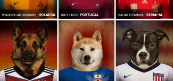 Cães vestem camisas de times para a Copa do Mundo